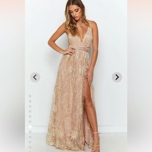 NWT NEW YORK NIGHTS PLUNGE CROSS BACK MAXI DRESS IN GOLD from Showpo
